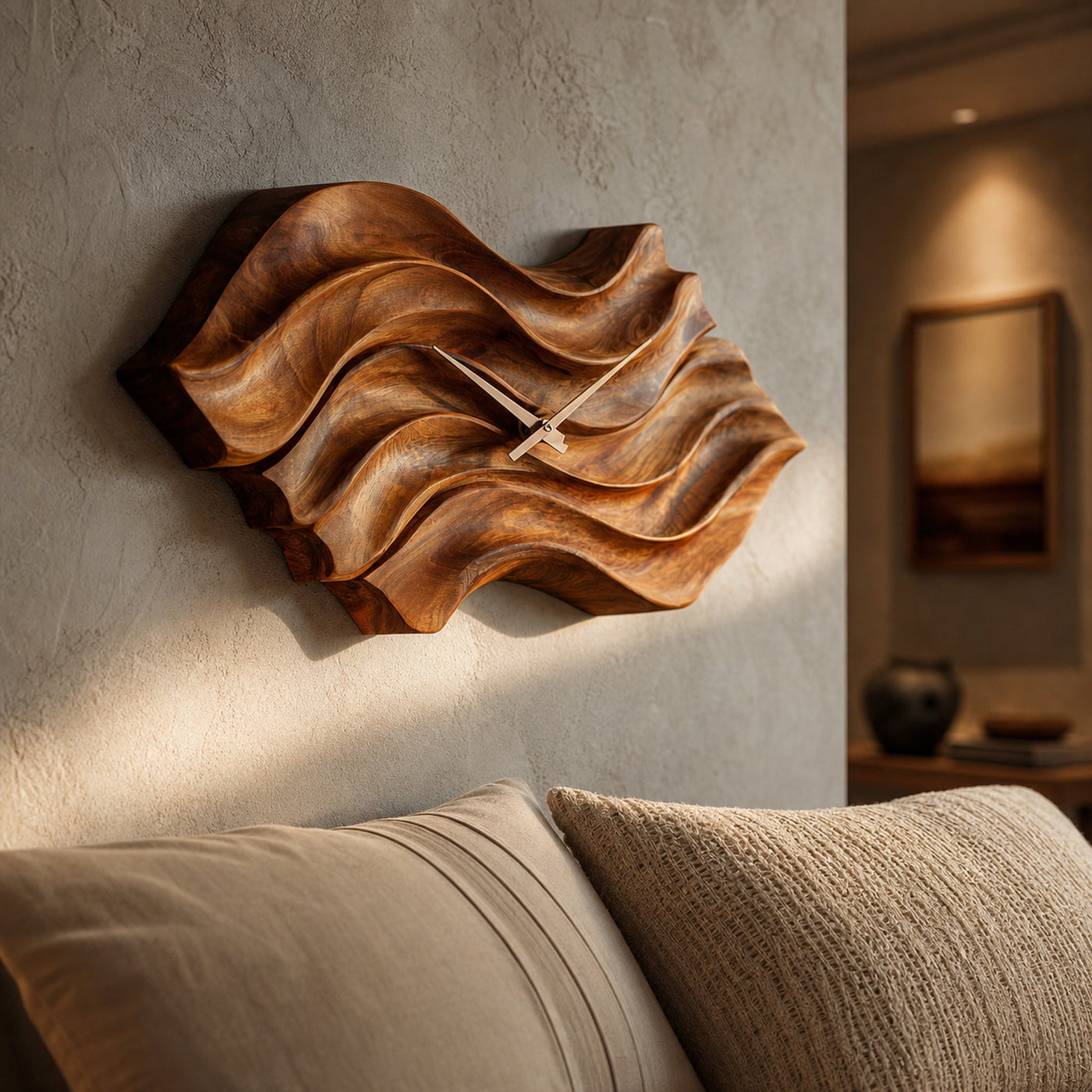 Modern Wooden Wall Clock With Organic Wavy Form For Bedroom
