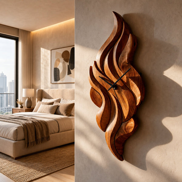 Modern Wooden Wall Clock With Sculptural Wave Carving For Interior