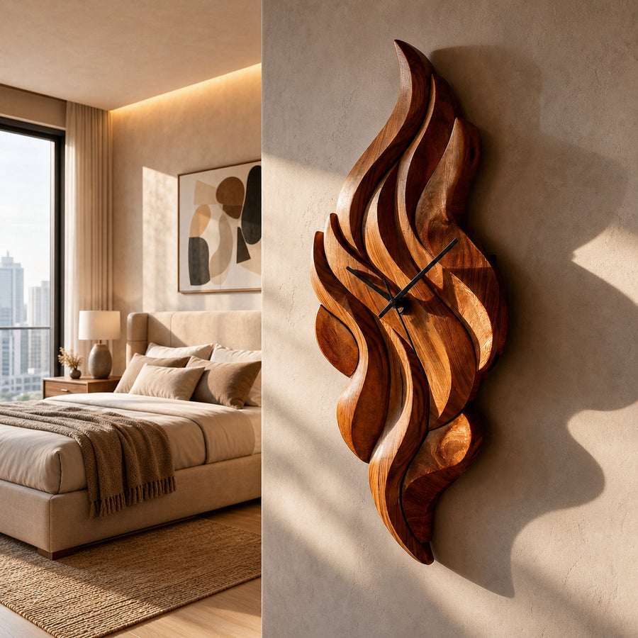 Modern Wooden Wall Clock With Sculptural Wave Carving For Interior