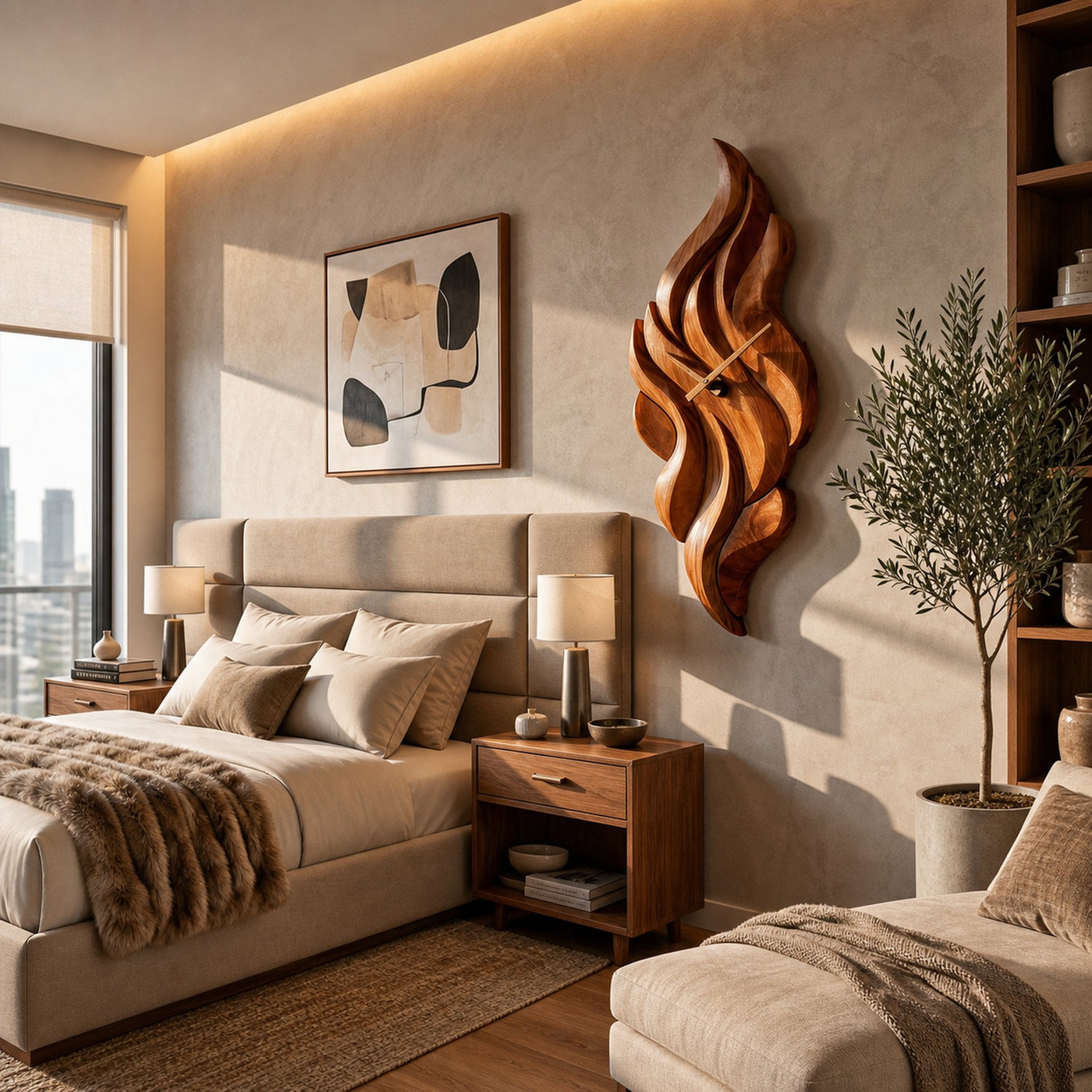 Modern Wooden Wall Clock With Sculptural Wave Carving For Interior - product view 6