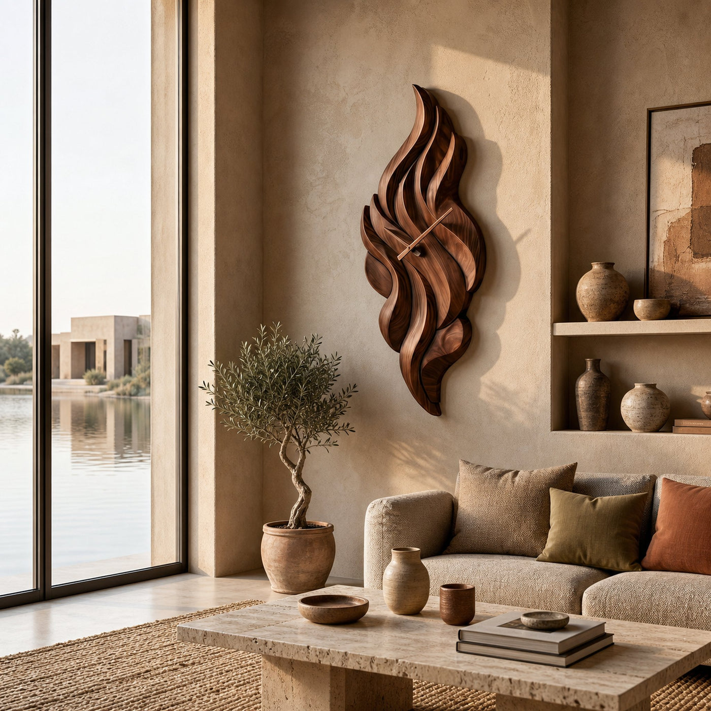 Modern Wooden Wall Clock With Sculptural Wave Carving For Interior - product view 7