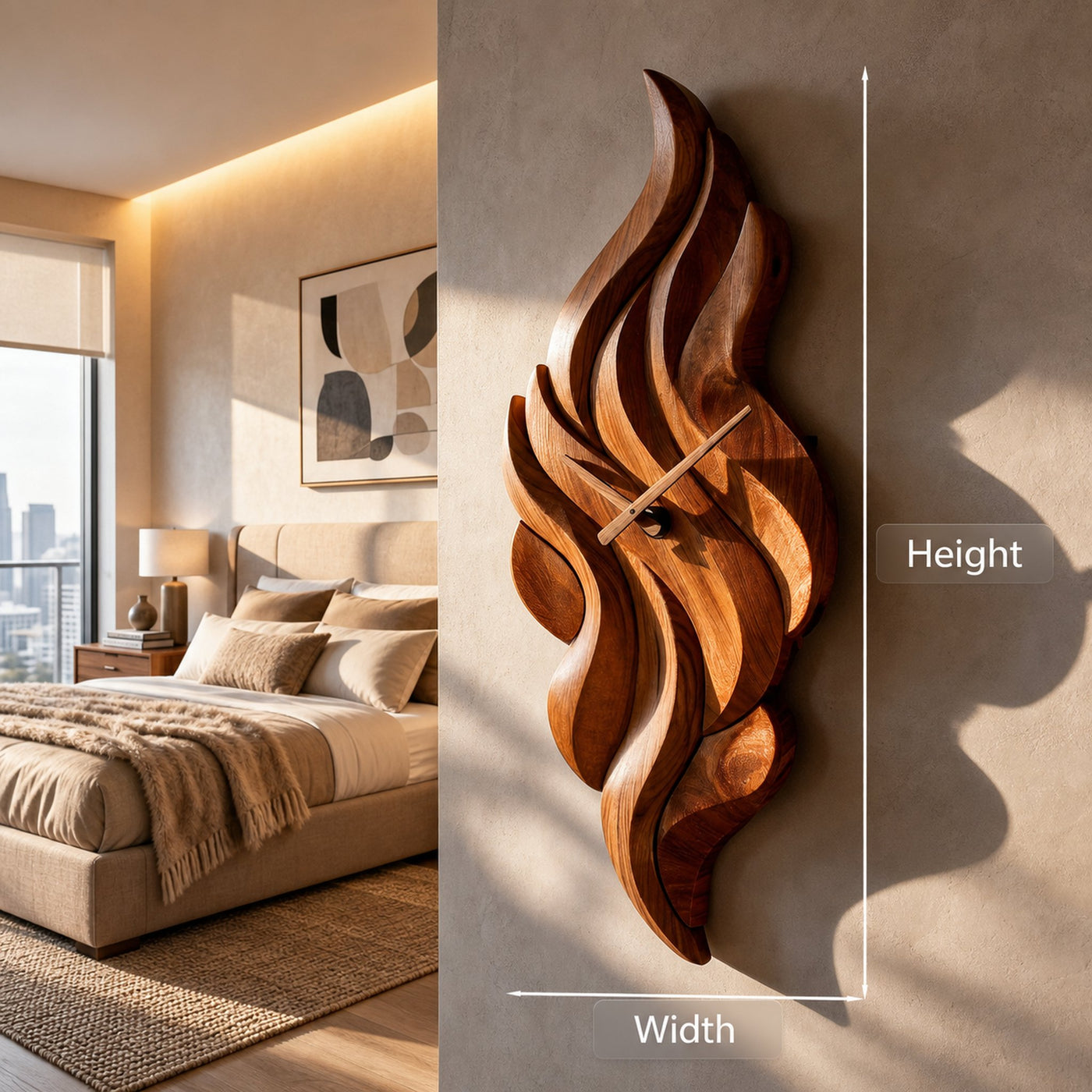 Modern Wooden Wall Clock With Sculptural Wave Carving For Interior - product view 8