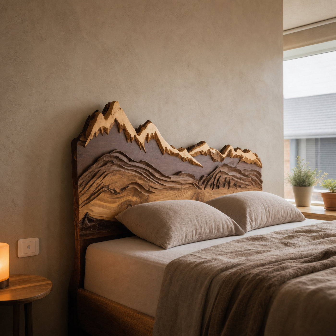 Mountain Headboard Carved For Queen And King Bed In Rustic Bedroom