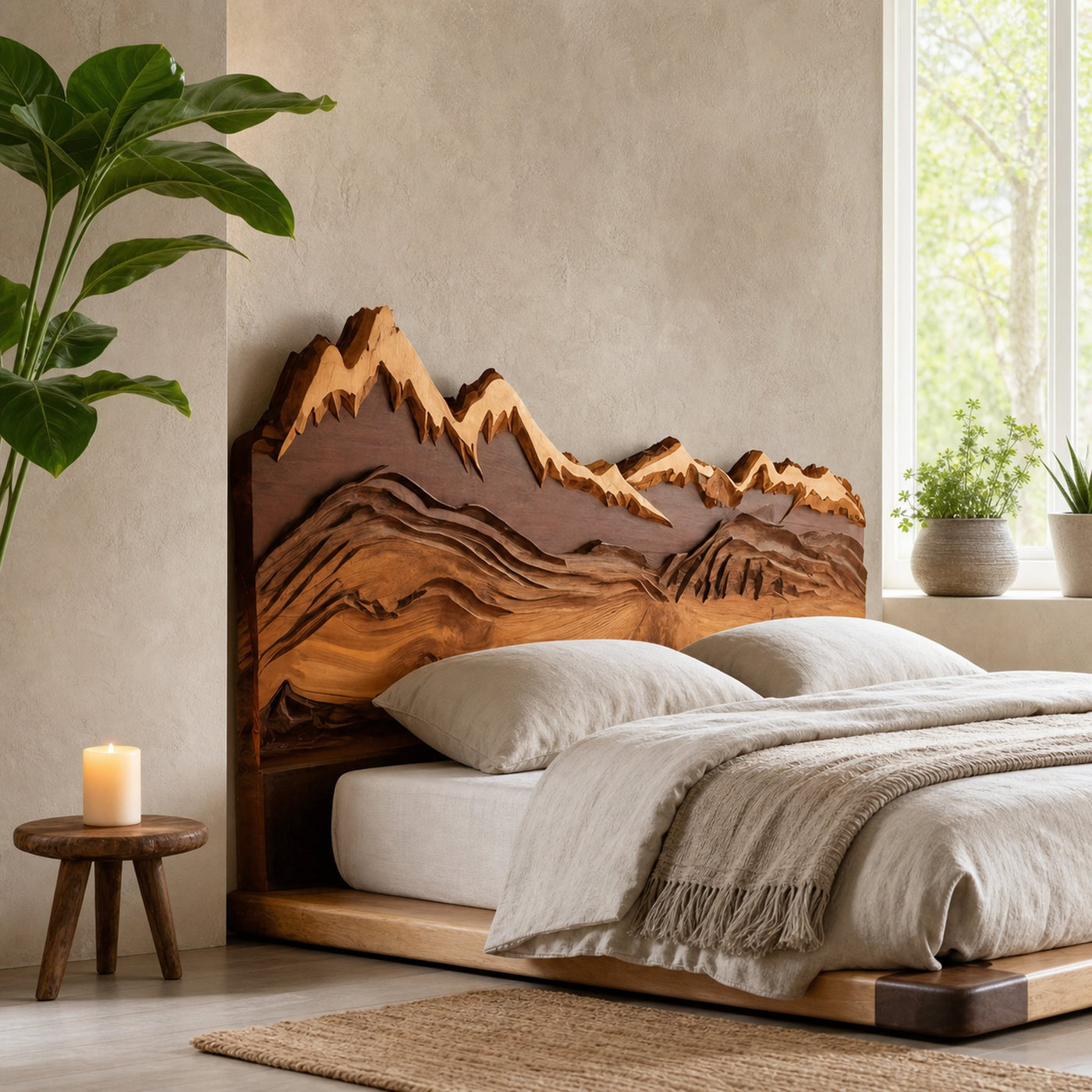 Mountain Headboard Carved For Queen And King Bed In Rustic Bedroom - product view 6