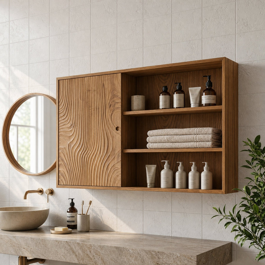 Natural Bathroom Cabinet With Storage Solid Wood For Bathroom Space