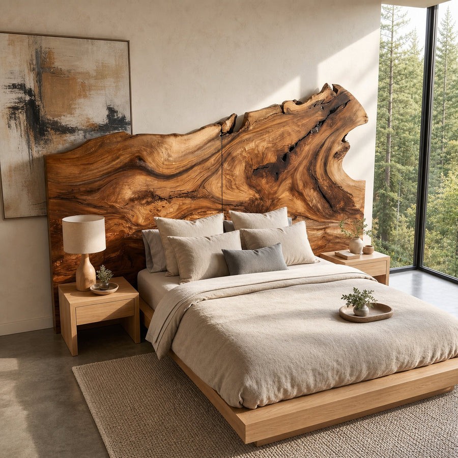 Natural Live Edge Wood Headboard For Contemporary Forest View Bedroom