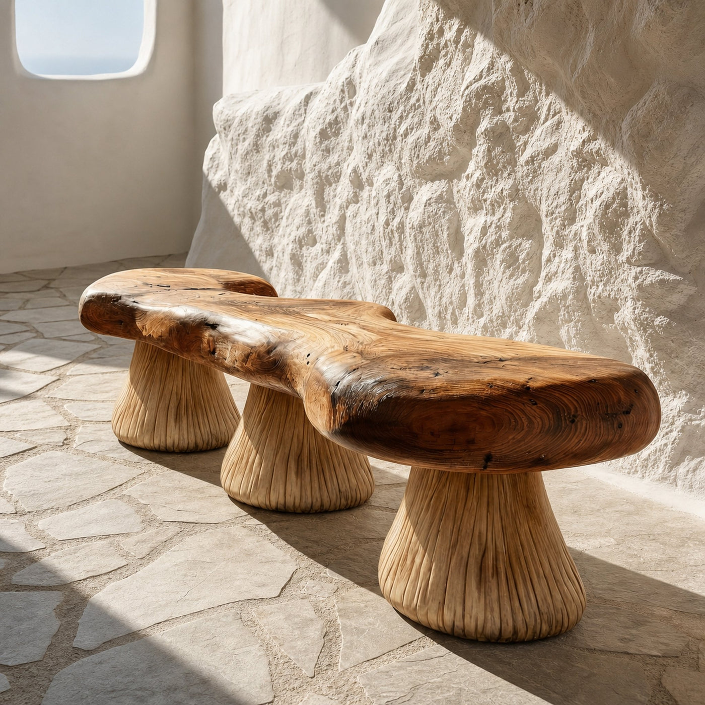 Natural Mushroom Bench Solid Wood Rustic Sculptural Design Entryway Or Garden Space