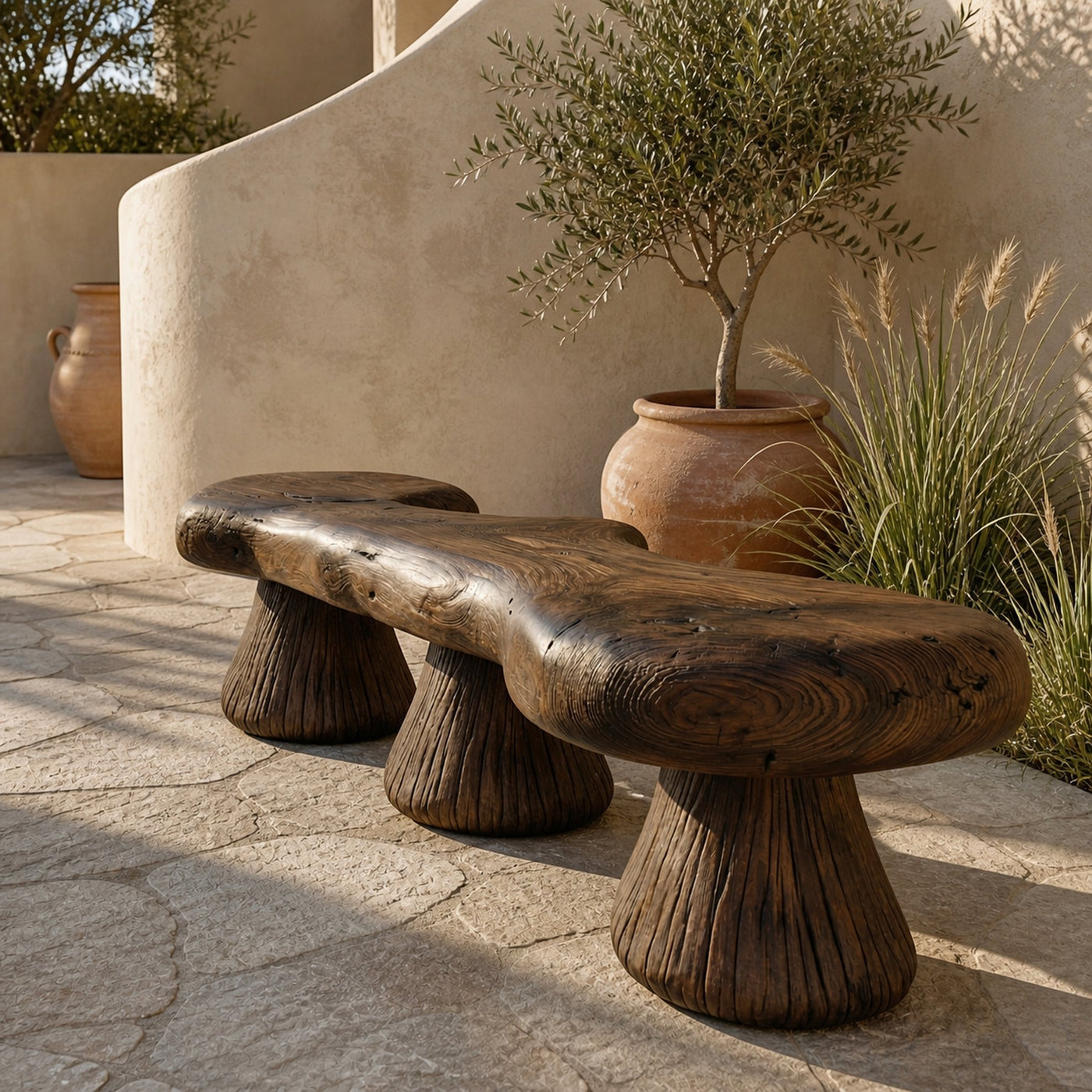 Natural Mushroom Bench Solid Wood Rustic Sculptural Design Entryway Or Garden Space - product view 7