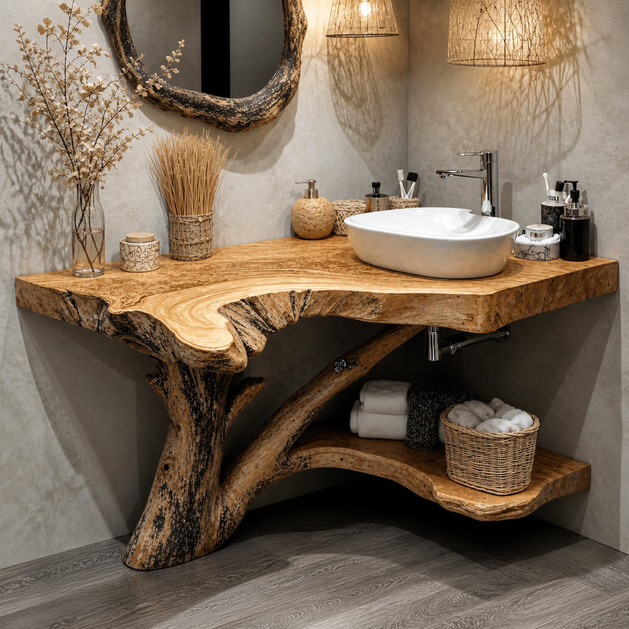 Natural Wood Corner Bathroom Vanity With Storage Underneath