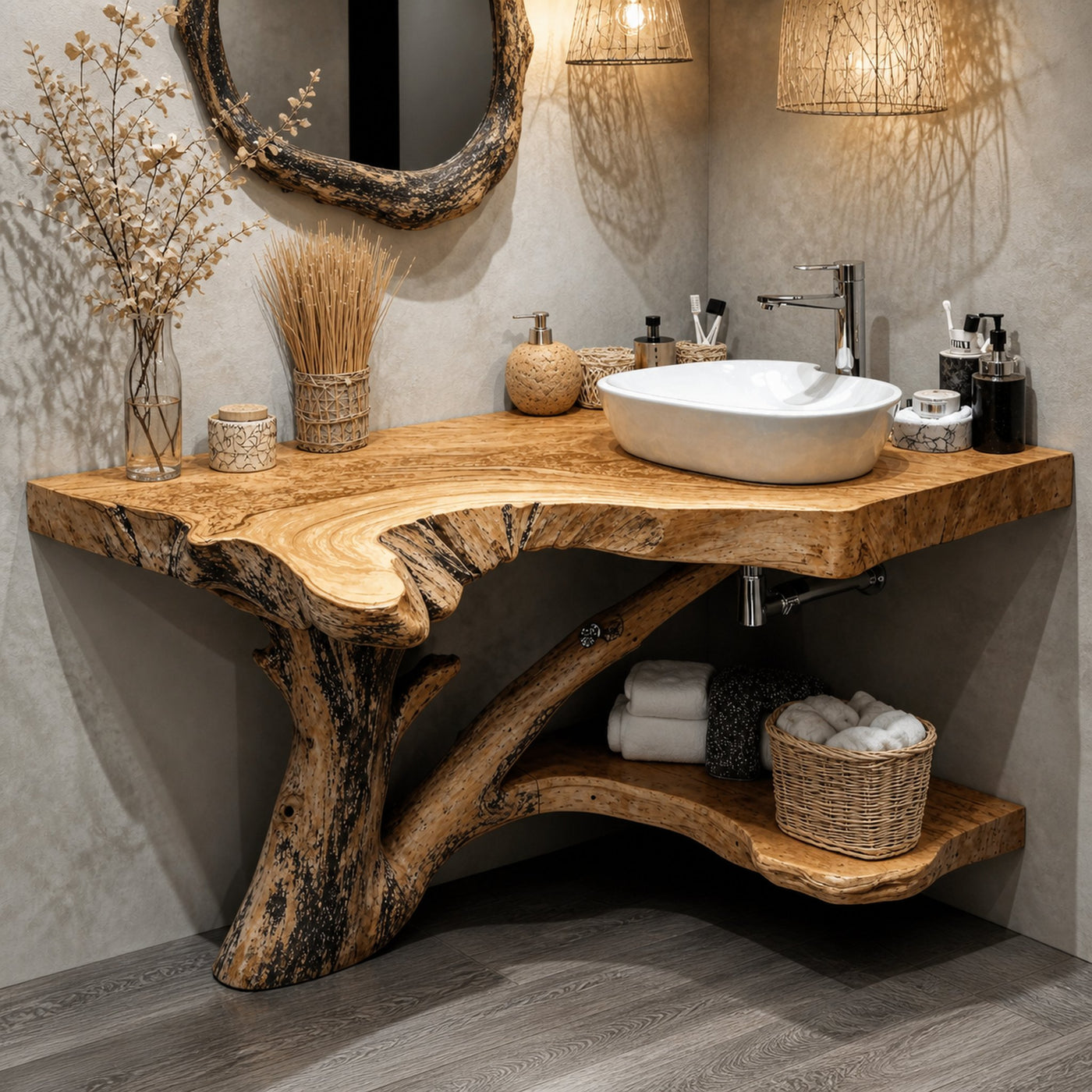 Natural Wood Corner Bathroom Vanity With Storage Underneath
