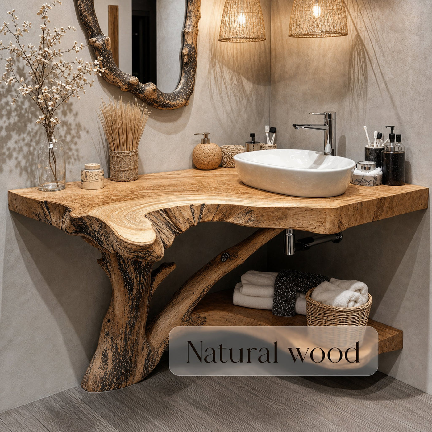 Natural Wood Corner Bathroom Vanity With Storage Underneath - product view 6