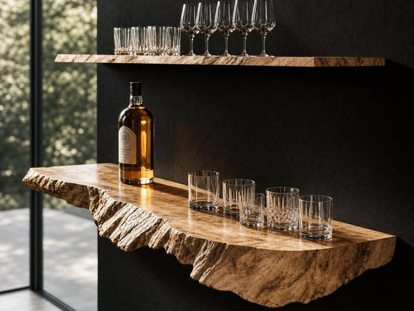 Natural Wood Floating Bar Shelf for Rustic Home Bar Setup