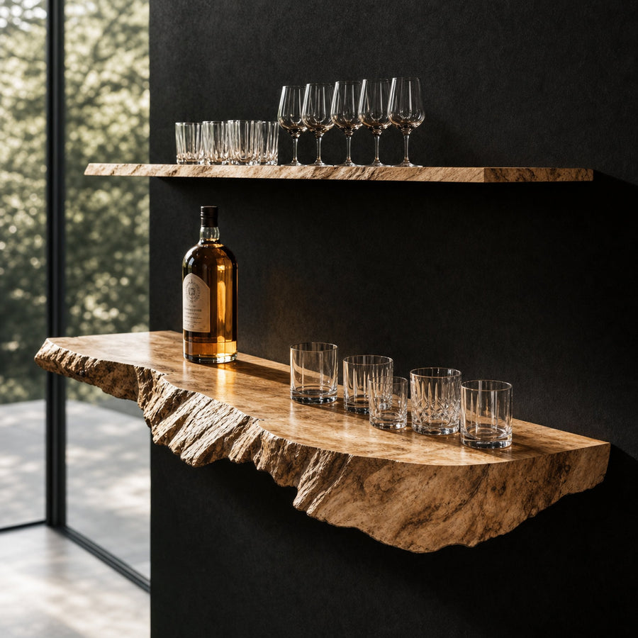 Natural Wood Floating Bar Shelf for Rustic Home Bar Setup