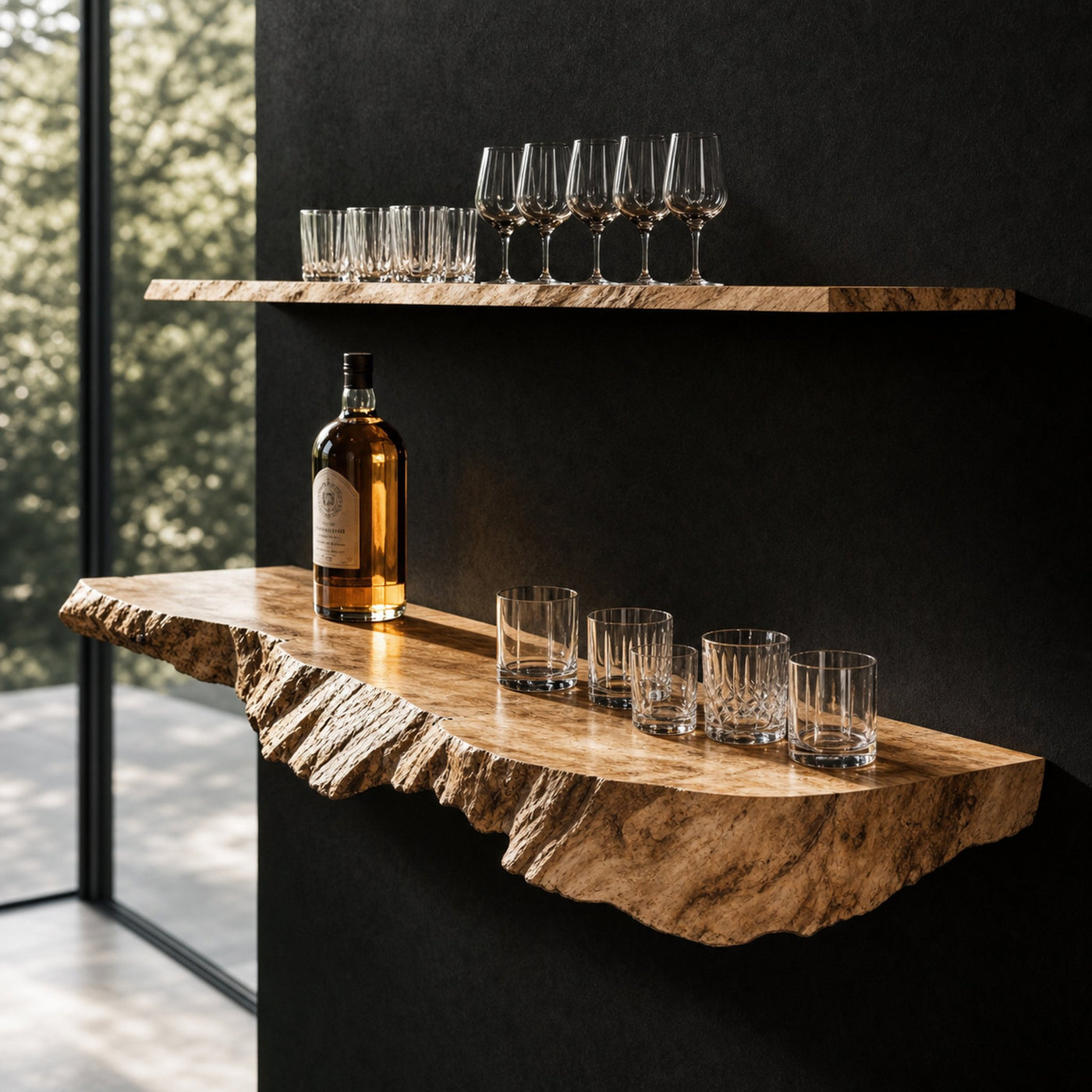 Natural Wood Floating Bar Shelf for Rustic Home Bar Setup