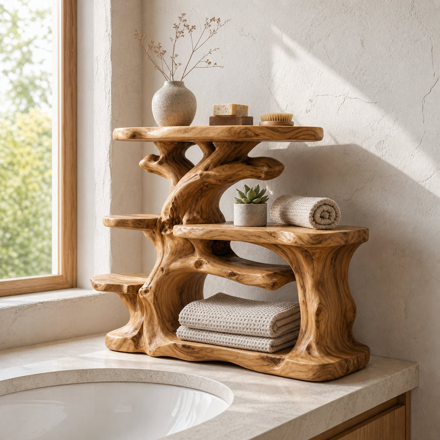 Nature Inspired Bathroom Organizer With Wooden Shelves For Bathroom