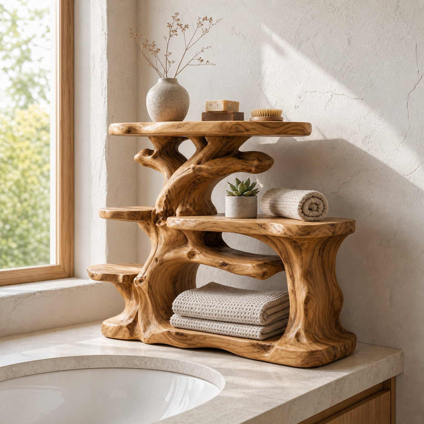 Nature Inspired Bathroom Organizer With Wooden Shelves For Bathroom