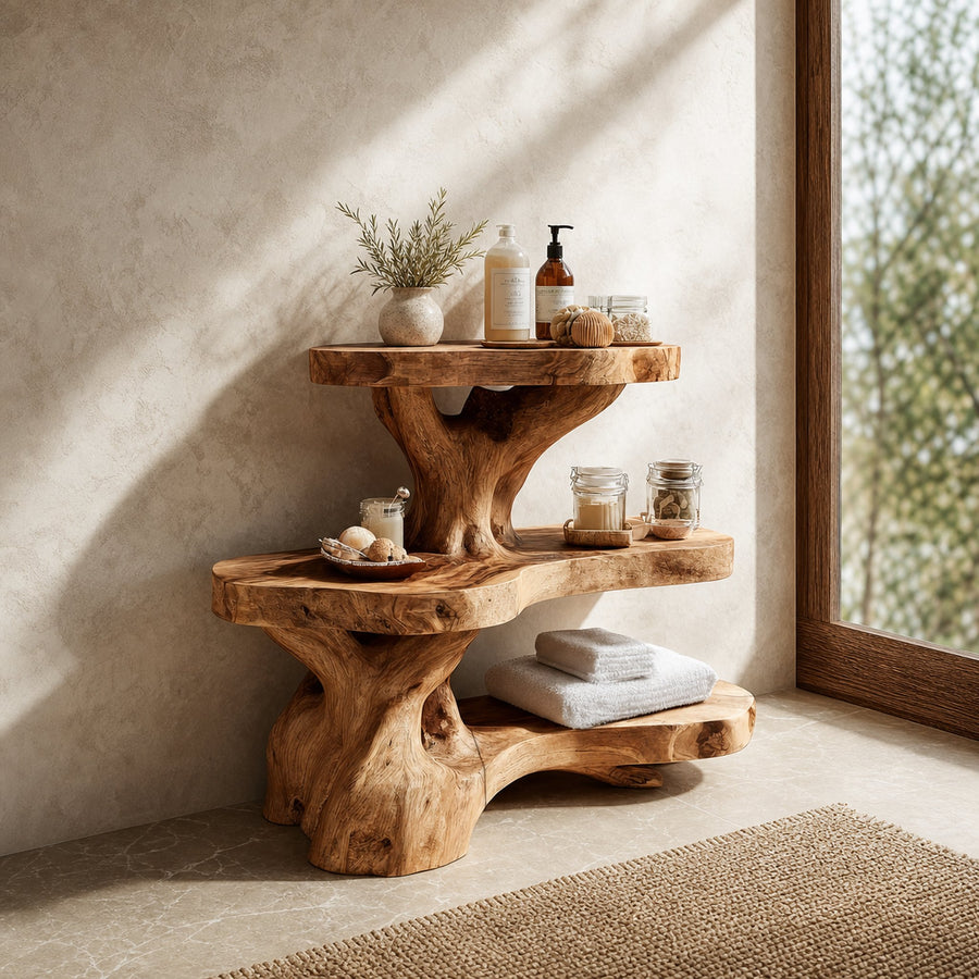 Nature Inspired Bathroom Shelf With Tree Branch Storage For Bathroom