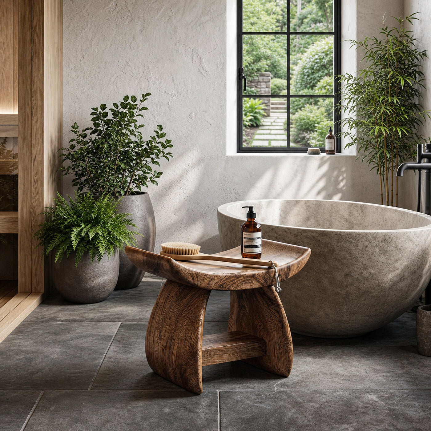 Nature Inspired Bathroom Stool With Sculptural Wood Design For Bathroom