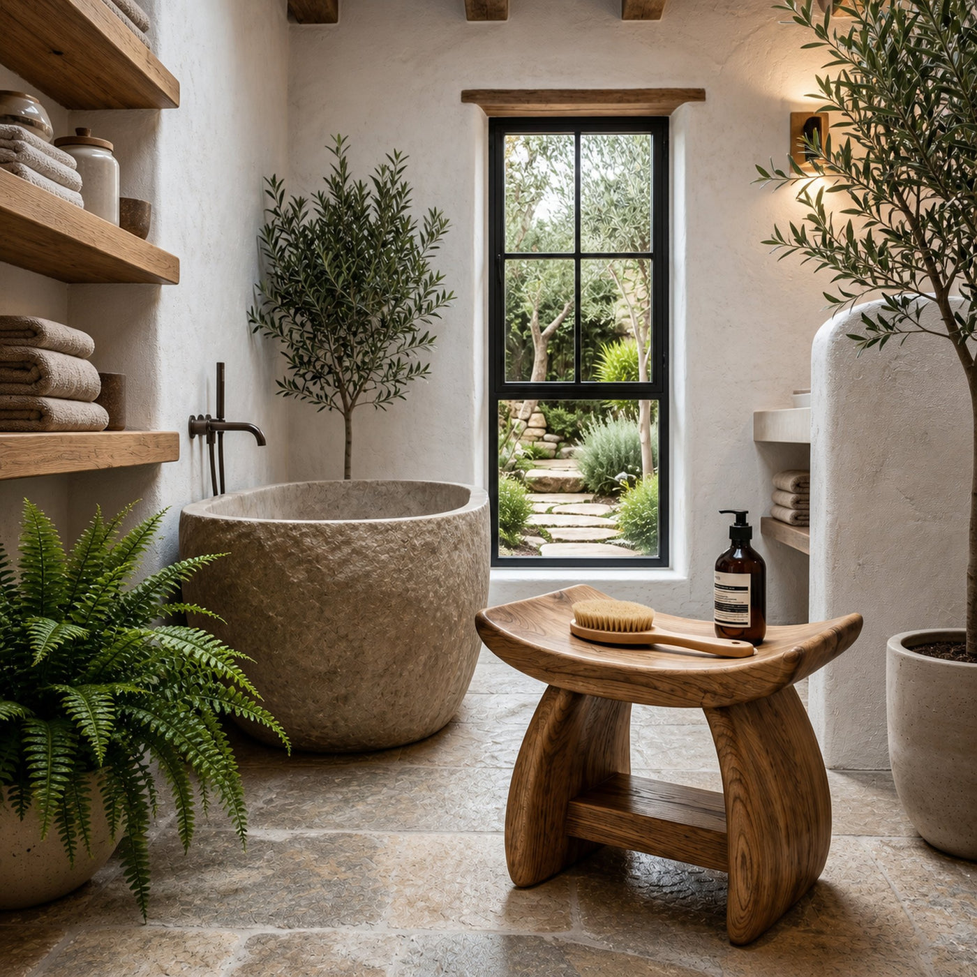 Nature Inspired Bathroom Stool With Sculptural Wood Design For Bathroom - product view 6