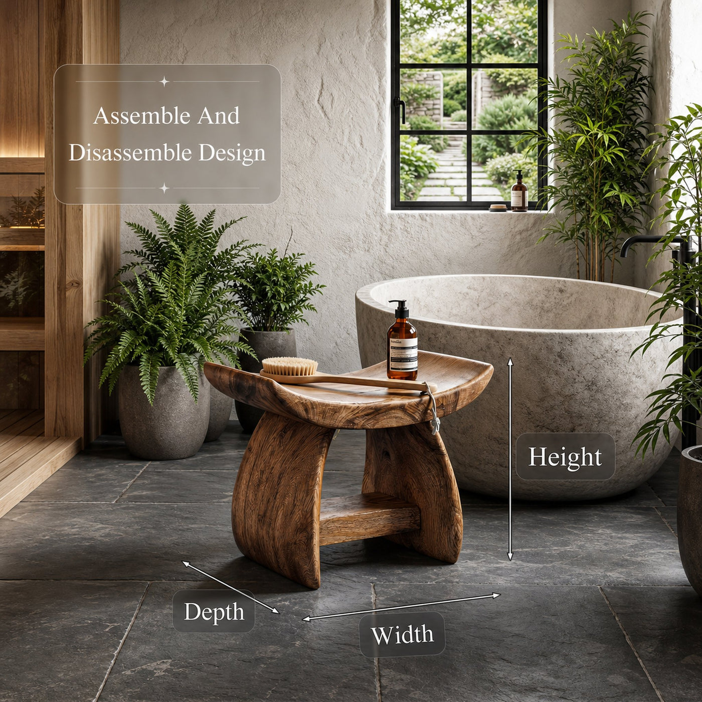 Nature Inspired Bathroom Stool With Sculptural Wood Design For Bathroom - product view 8