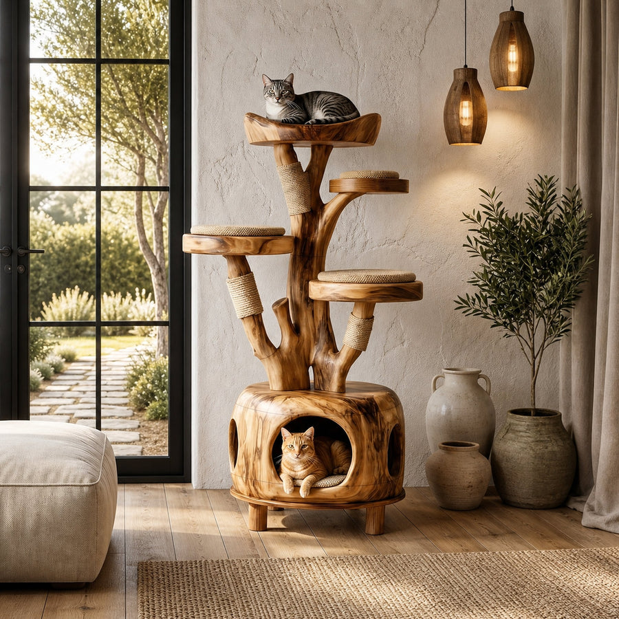 Nature Inspired Cat Tower With Cozy Hideaway Pet Bed For Home