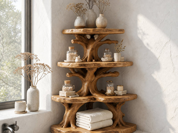 Nature Inspired Corner Bathroom Shelf With Decorative Storage For Bathroom