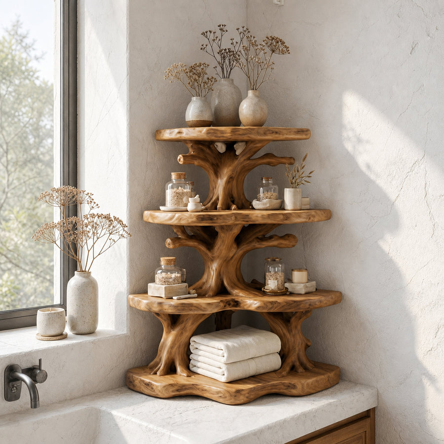 Nature Inspired Corner Bathroom Shelf With Decorative Storage For Bathroom