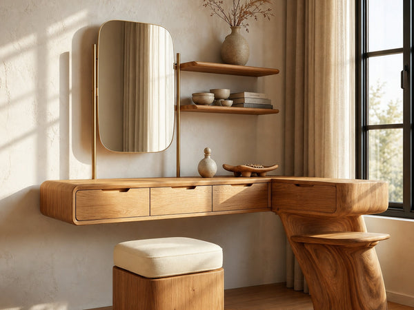 Nature Inspired Dressing Table With Sculptural Wood Design For Bedroom