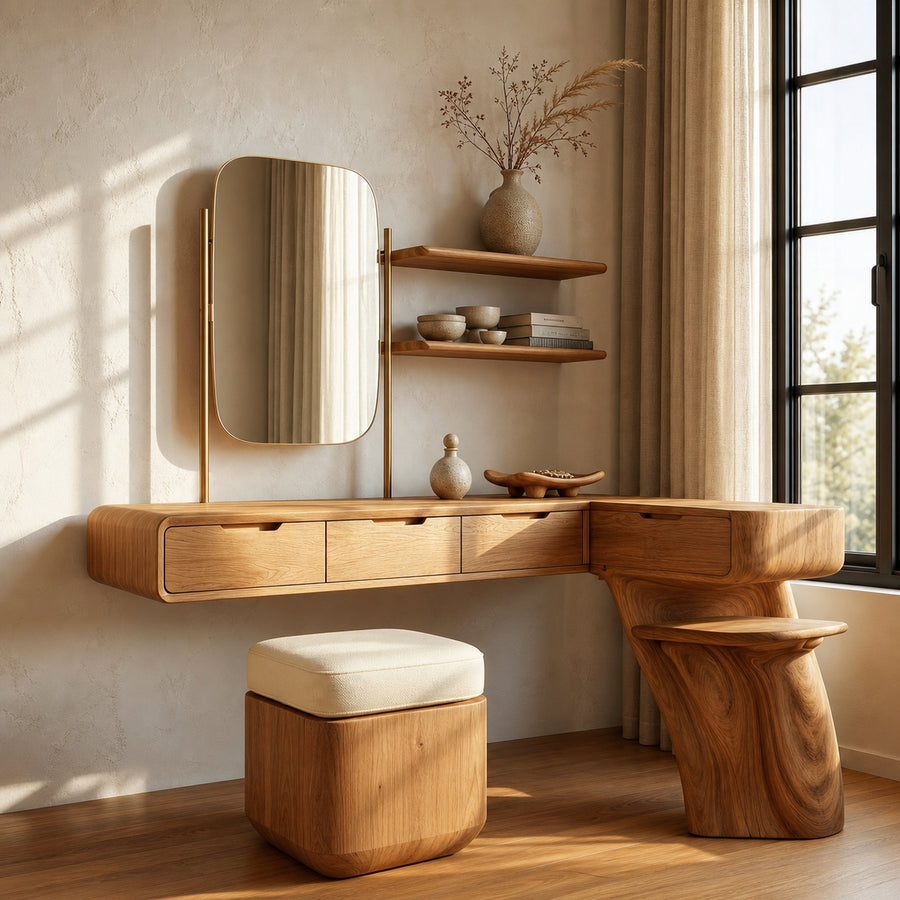 Nature Inspired Dressing Table With Sculptural Wood Design For Bedroom