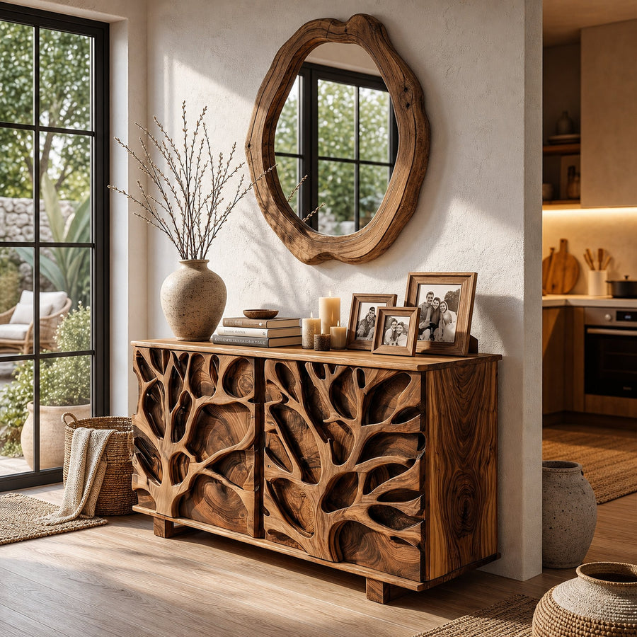 Nature Inspired Storage Cabinet With Hand Carved Wood Design For Entryway