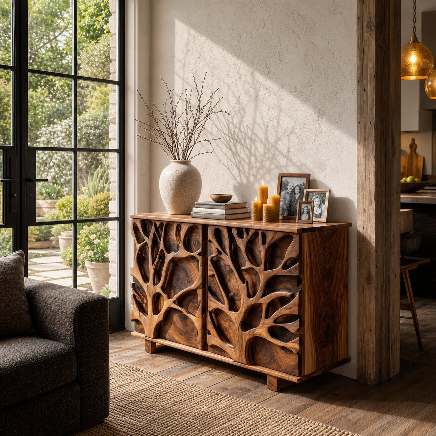 Nature Inspired Storage Cabinet With Hand Carved Wood Design For Entryway - product view 6