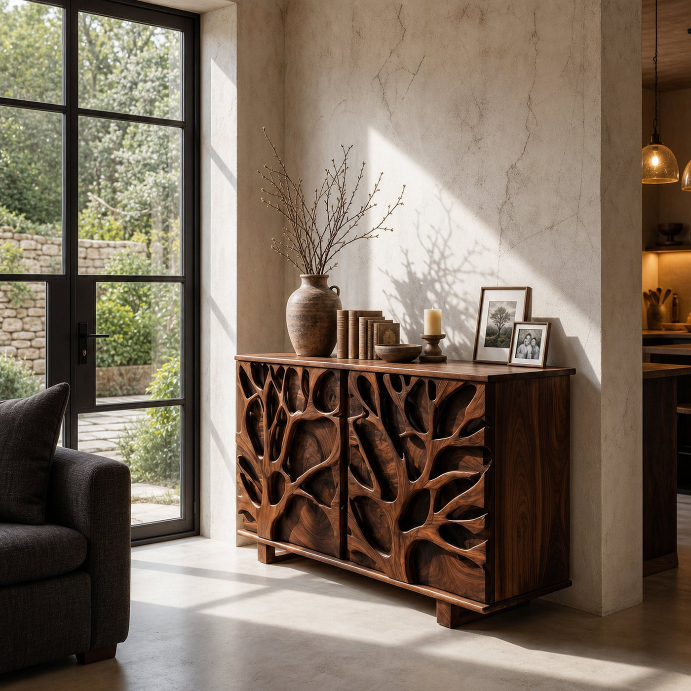 Nature Inspired Storage Cabinet With Hand Carved Wood Design For Entryway - product view 7