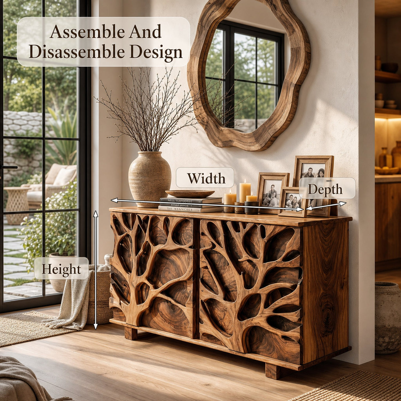 Nature Inspired Storage Cabinet With Hand Carved Wood Design For Entryway - product view 8