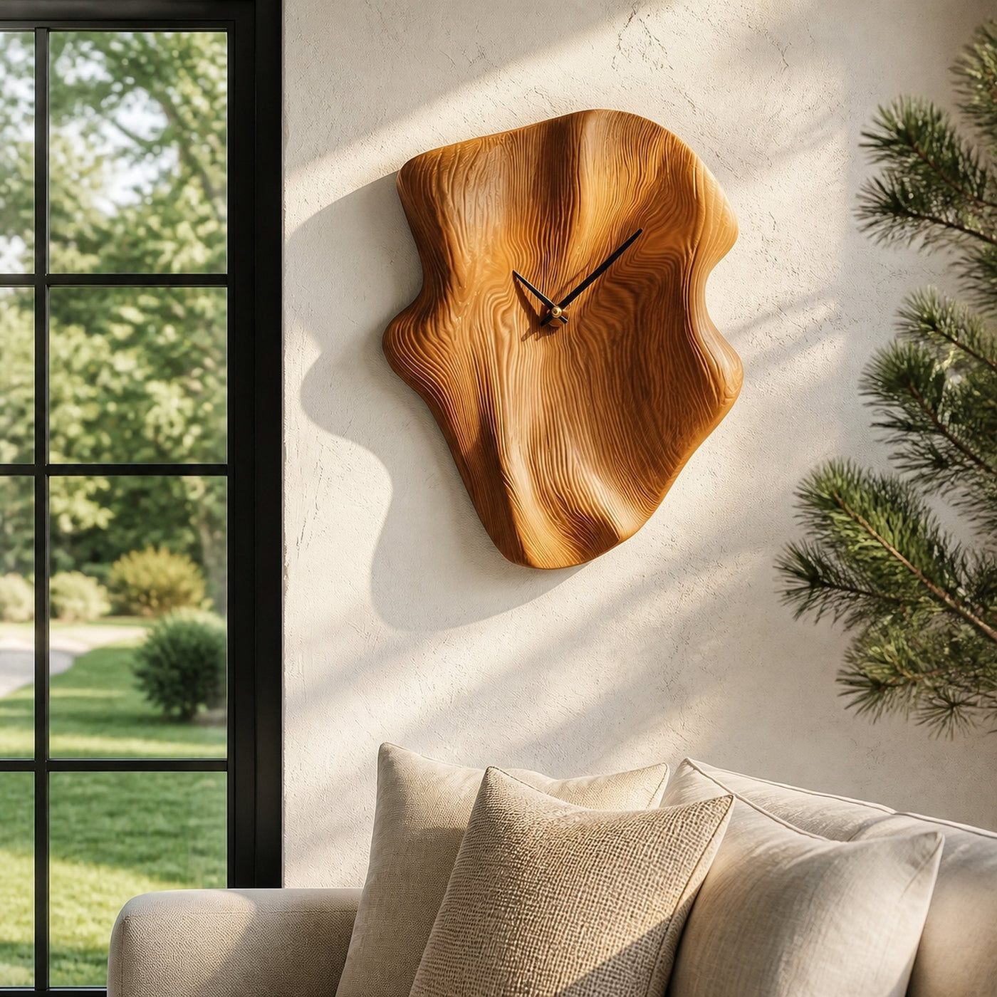 Nature Inspired Wood Wall Clock With Artistic Live Edge Form For Living Room