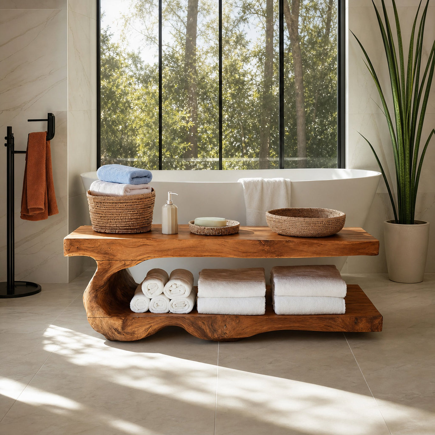 Organic Bath Bench With Storage Shelf For Bathroom