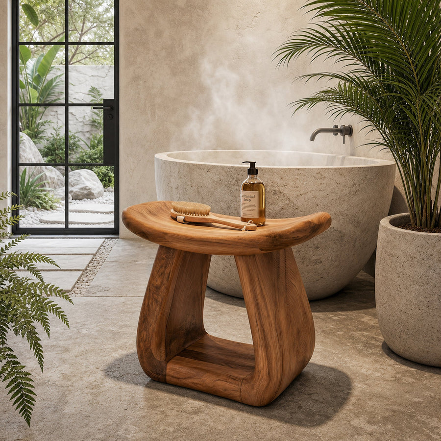Organic Bath Stool With Handcrafted Pedestal Design For Bathroom