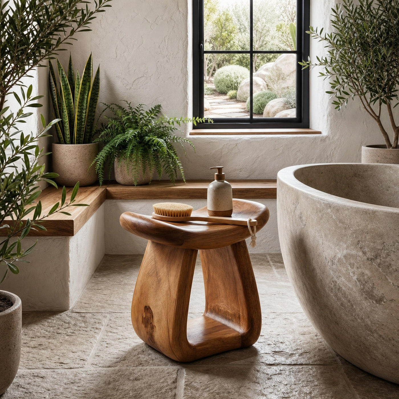Organic Bath Stool With Handcrafted Pedestal Design For Bathroom - product view 6