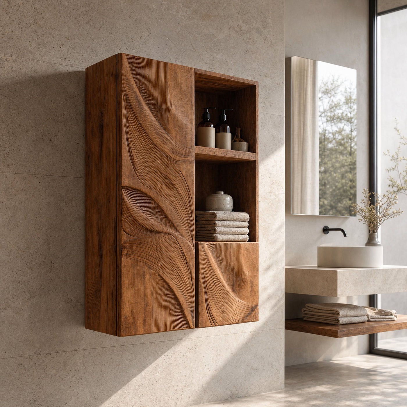 Organic Bathroom Cabinet Wave Carved Design For Bathroom