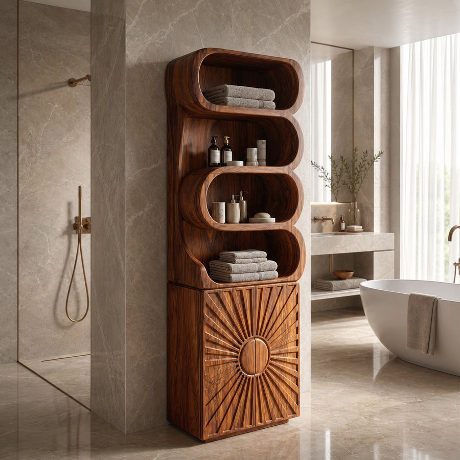 Organic Bathroom Cabinet With Open Shelving And Sculpted Wood Door For Bathroom