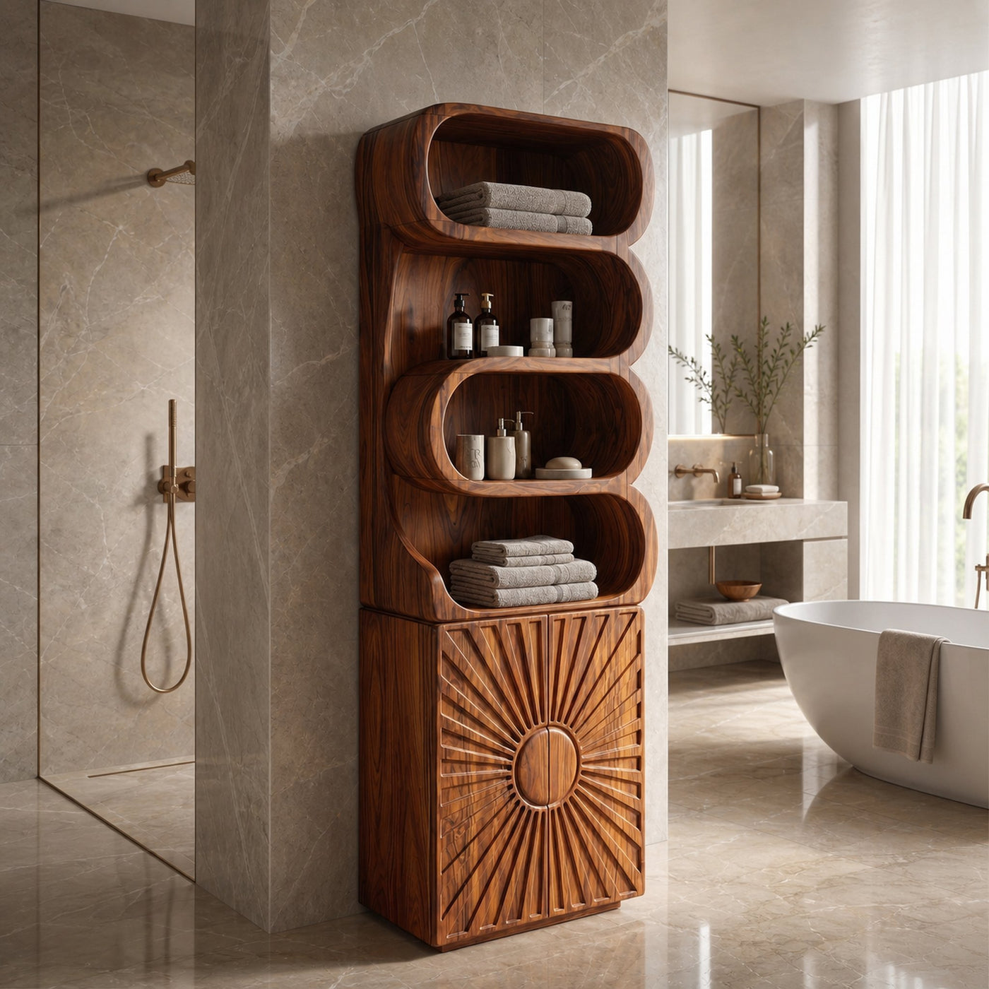 Organic Bathroom Cabinet With Open Shelving And Sculpted Wood Door For Bathroom