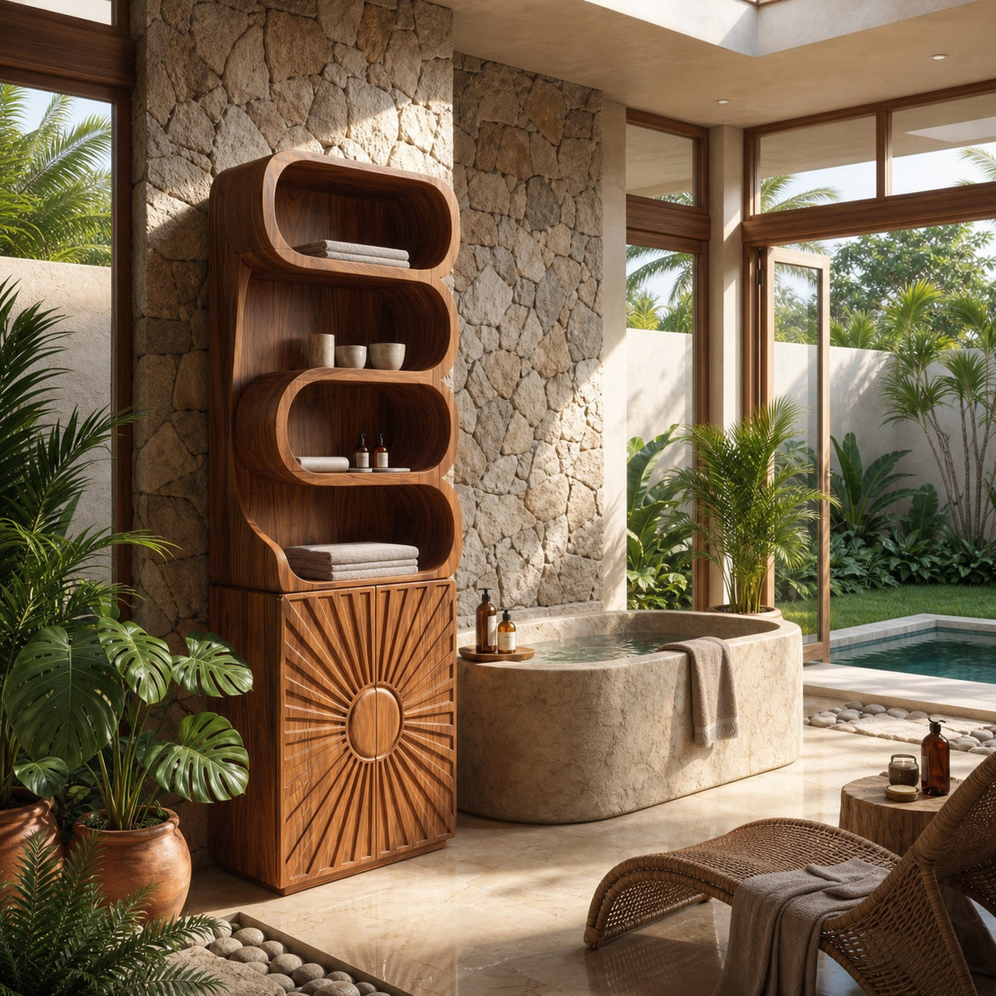 Organic Bathroom Cabinet With Open Shelving And Sculpted Wood Door For Bathroom - product view 6