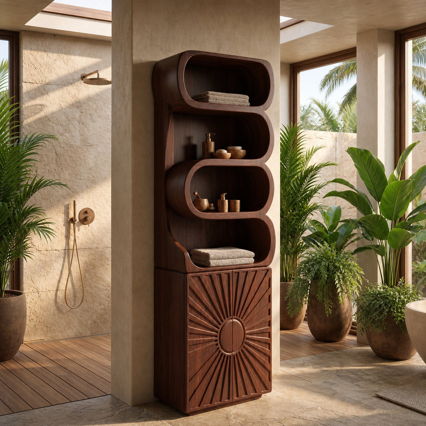 Organic Bathroom Cabinet With Open Shelving And Sculpted Wood Door For Bathroom - product view 7
