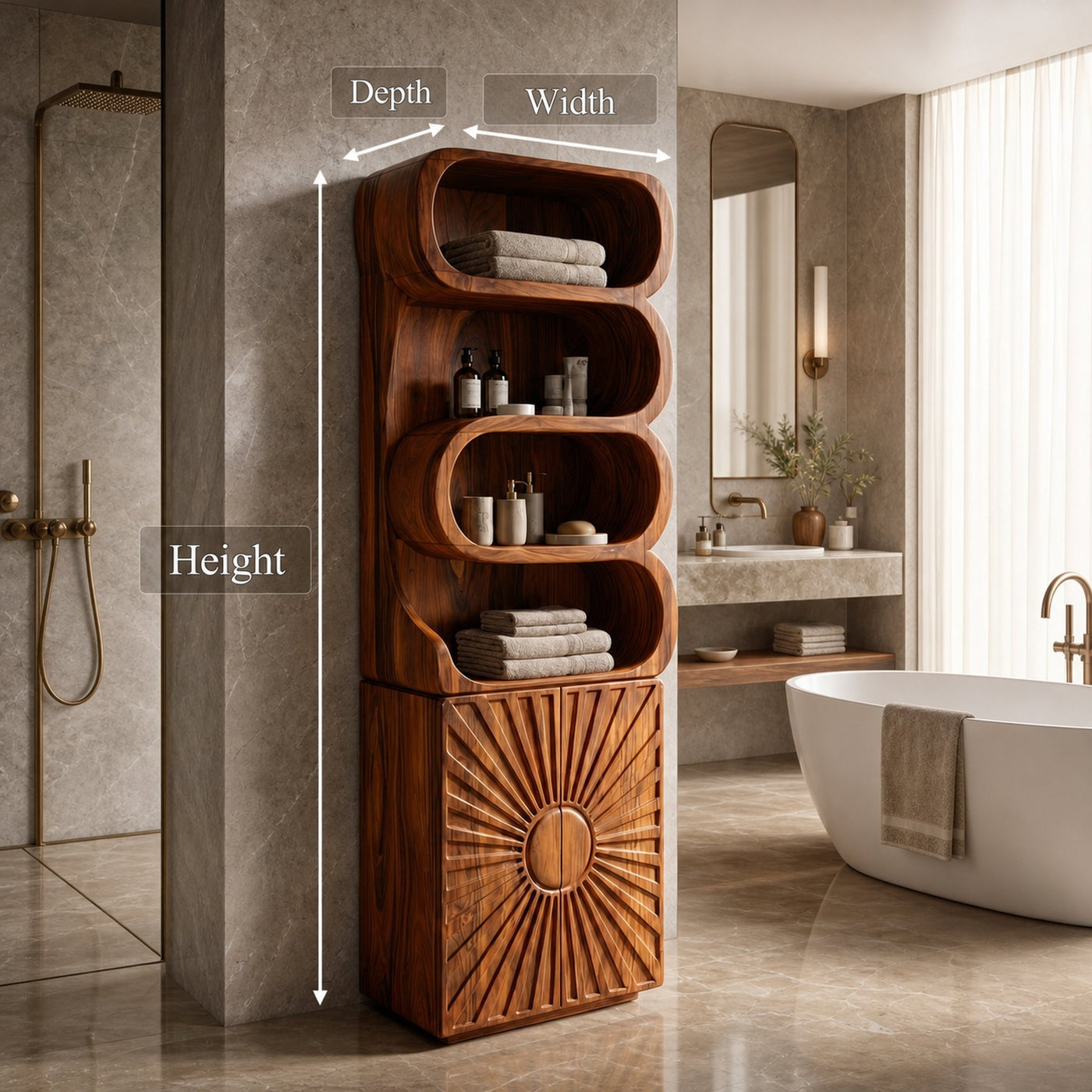 Organic Bathroom Cabinet With Open Shelving And Sculpted Wood Door For Bathroom - product view 8