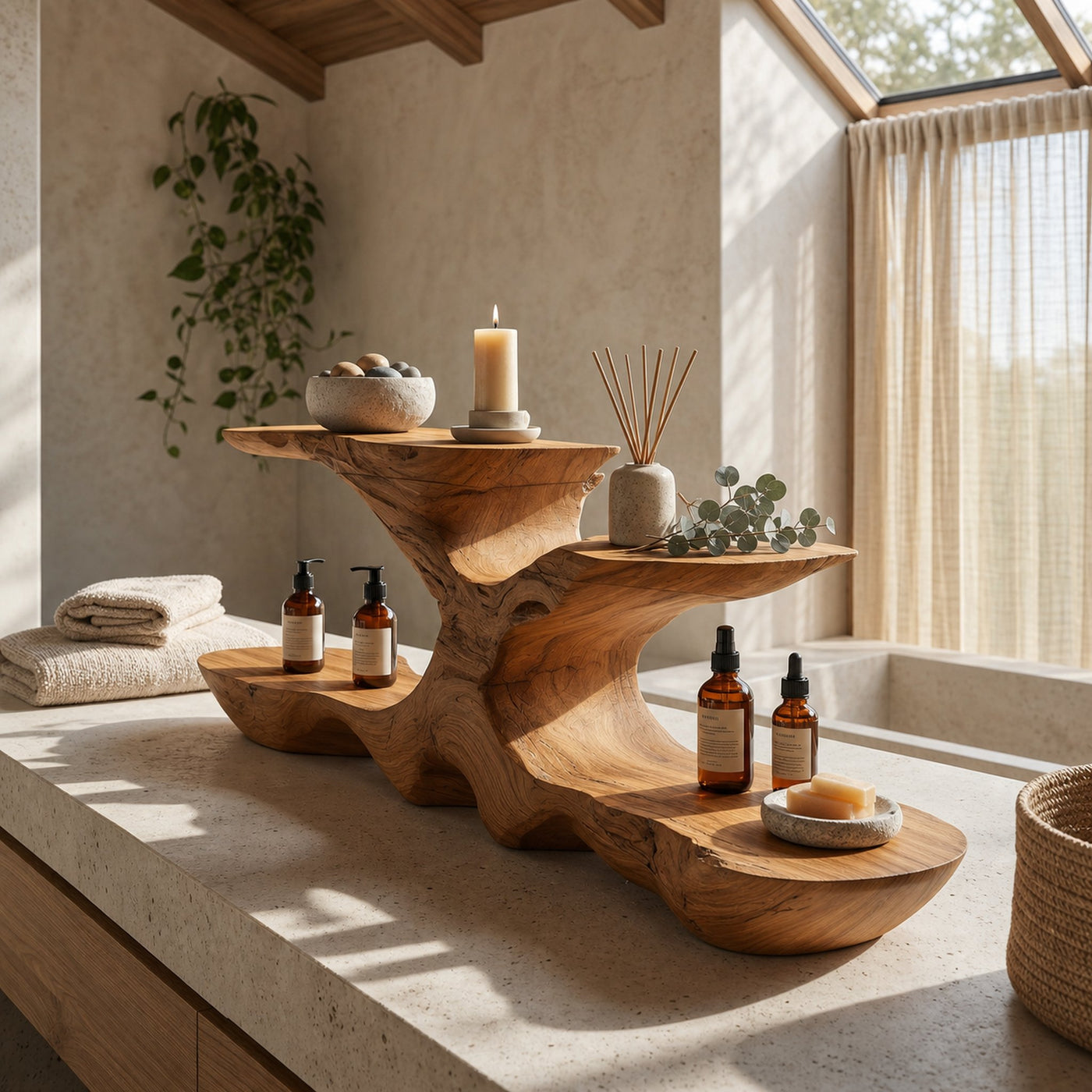 Organic Bathroom Counter Organizer With Sculptural Tiered Shelves