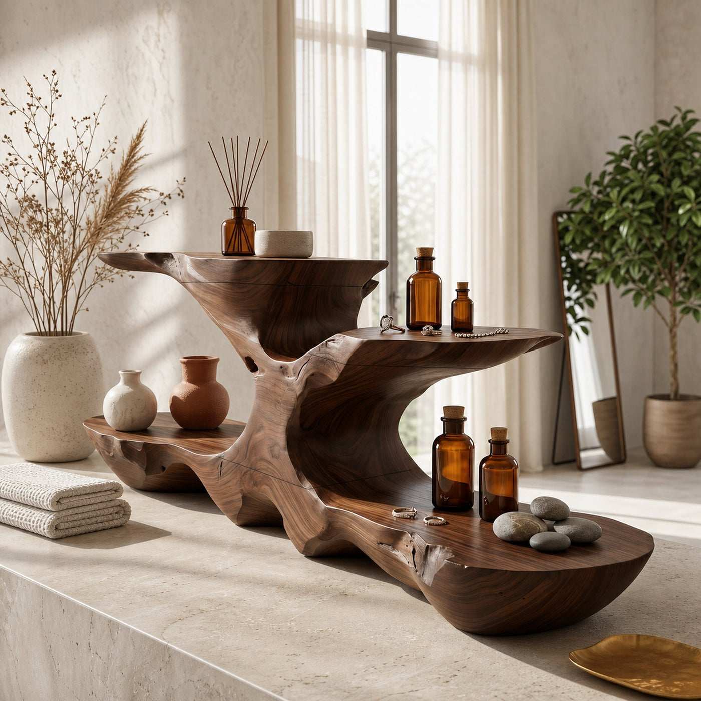 Organic Bathroom Counter Organizer With Sculptural Tiered Shelves - product view 7
