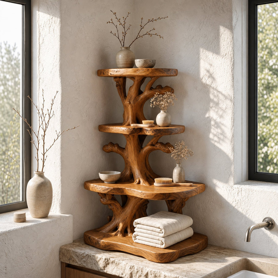 Organic Bathroom Shelf Corner With Floating Display Shelves And Vanity Storage