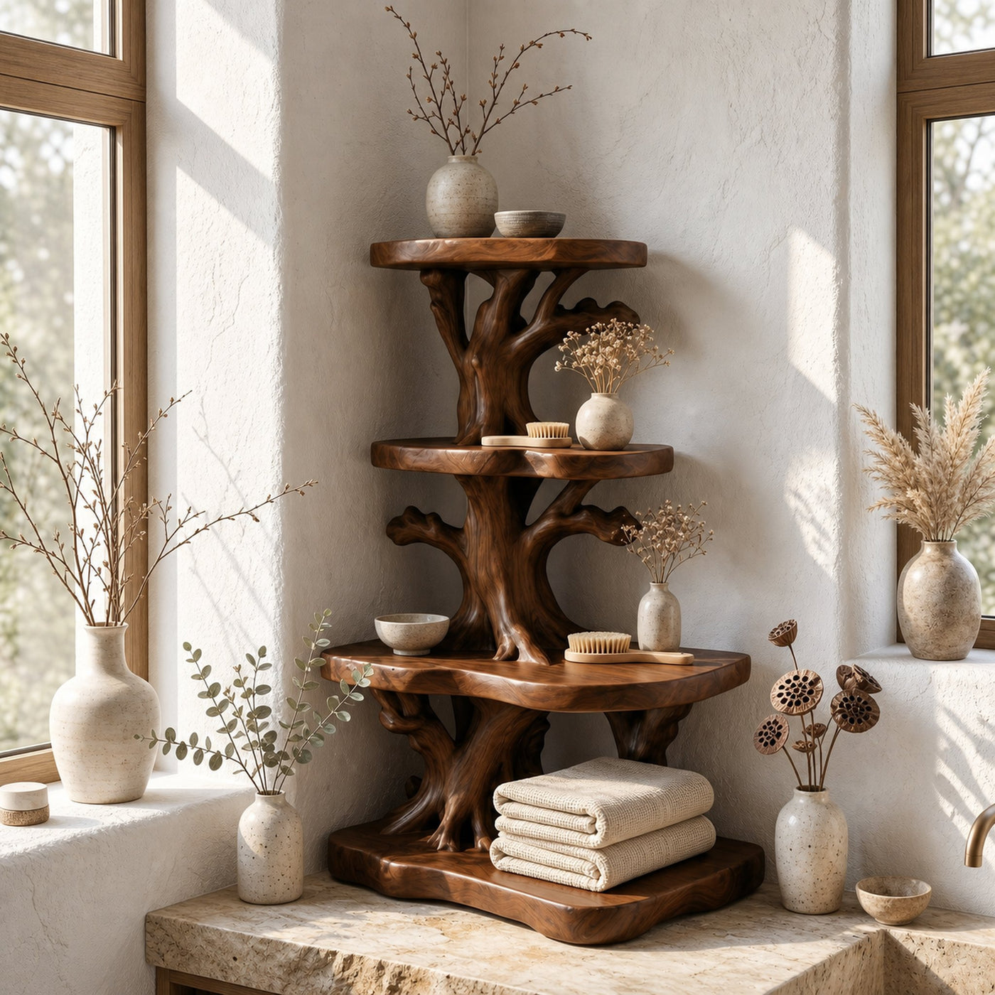 Organic Bathroom Shelf Corner With Floating Display Shelves And Vanity Storage - product view 6