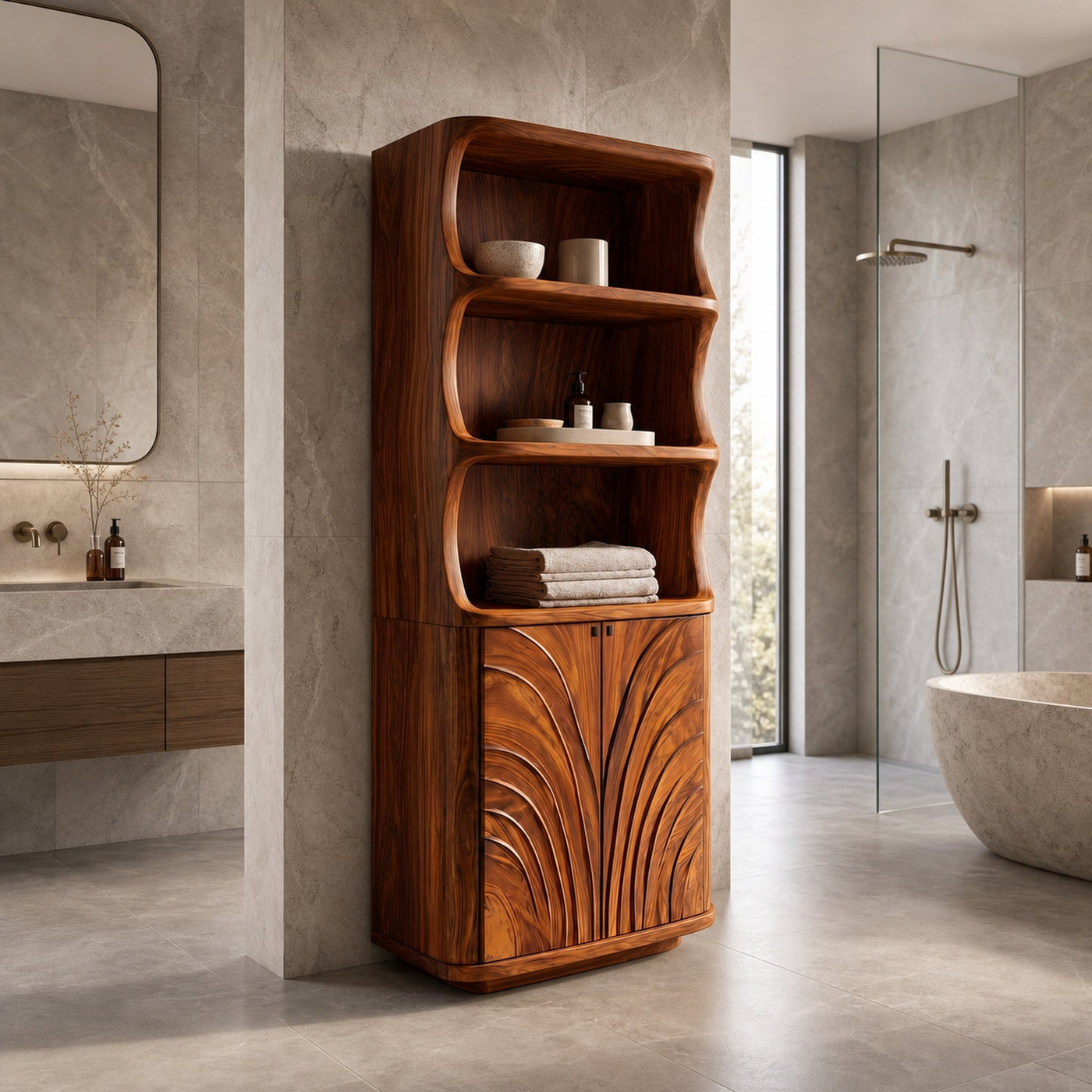 Organic Bathroom Storage Cabinet With Curved Open Shelves And Carved Wooden Doors For Bathroom