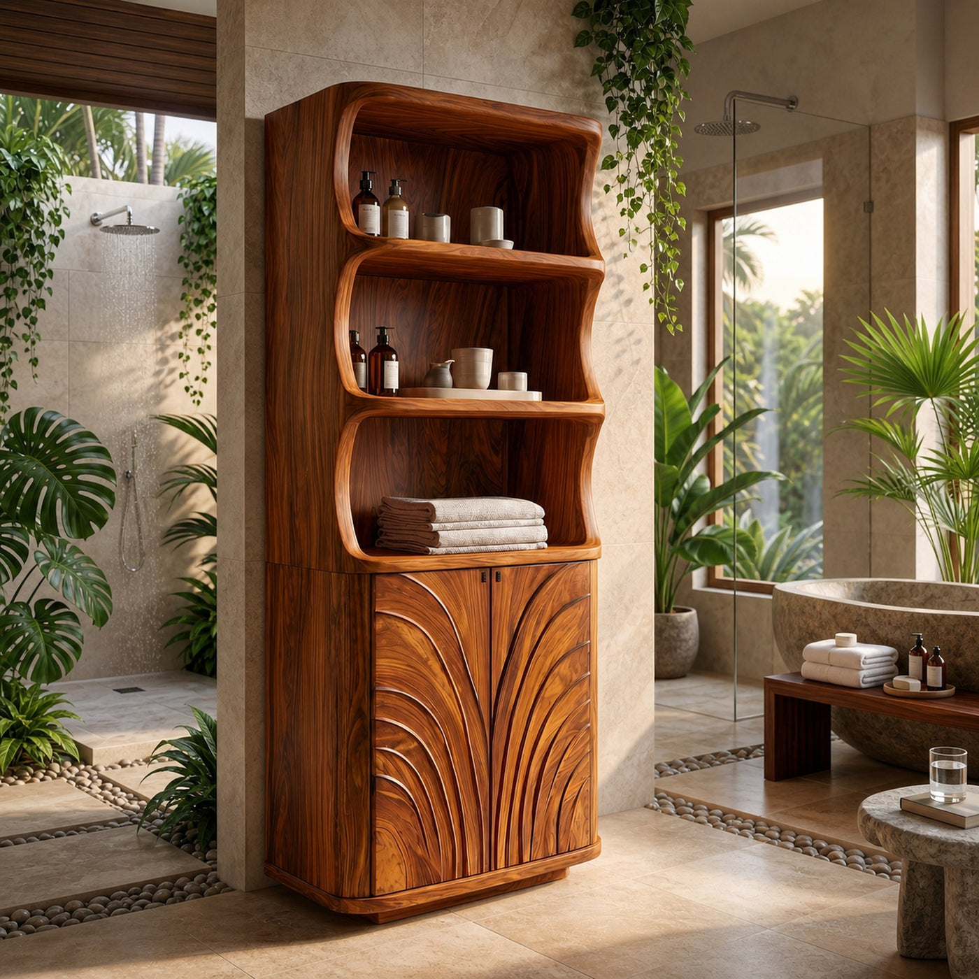 Organic Bathroom Storage Cabinet With Curved Open Shelves And Carved Wooden Doors For Bathroom - product view 6