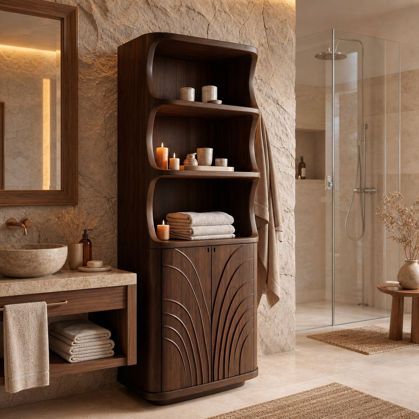 Organic Bathroom Storage Cabinet With Curved Open Shelves And Carved Wooden Doors For Bathroom - product view 7